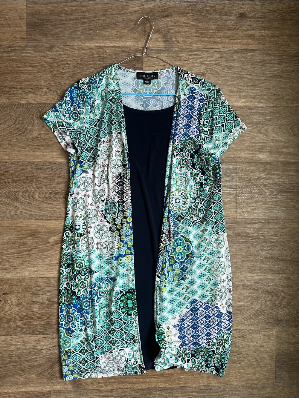 Perceptions New York Jacket Dress Medium Blue Green Geometric Tile Patchwork